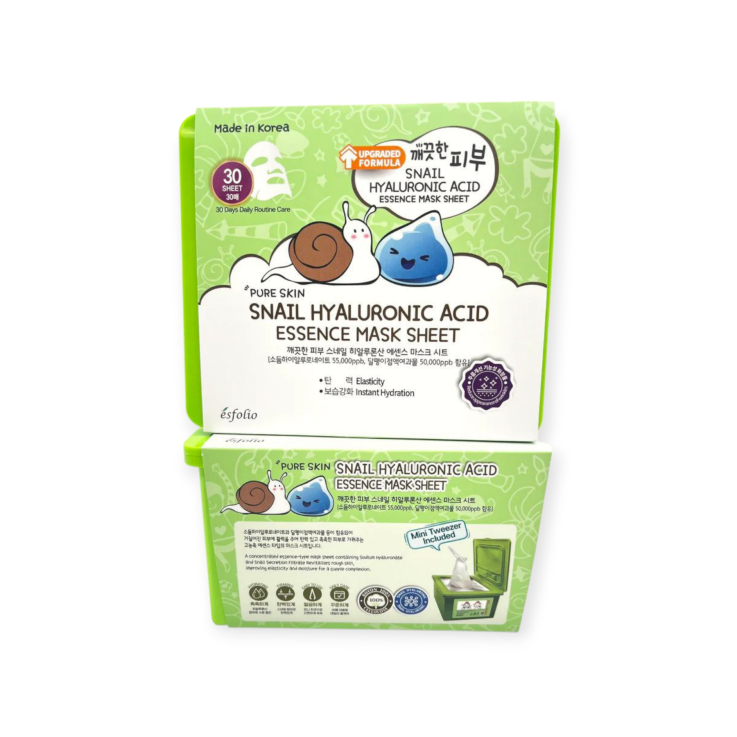 Маски тканевые Esfolio Pure Skin для лица с муцином улитки и гиалуроновой кислотой 400мл х 30шт.